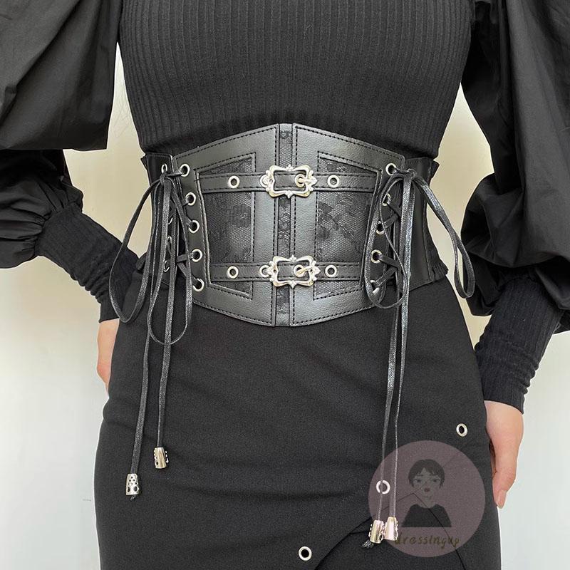 Dre-women faux leather tie-up lace patchwork có thể điều chỉnh hình dạng eo