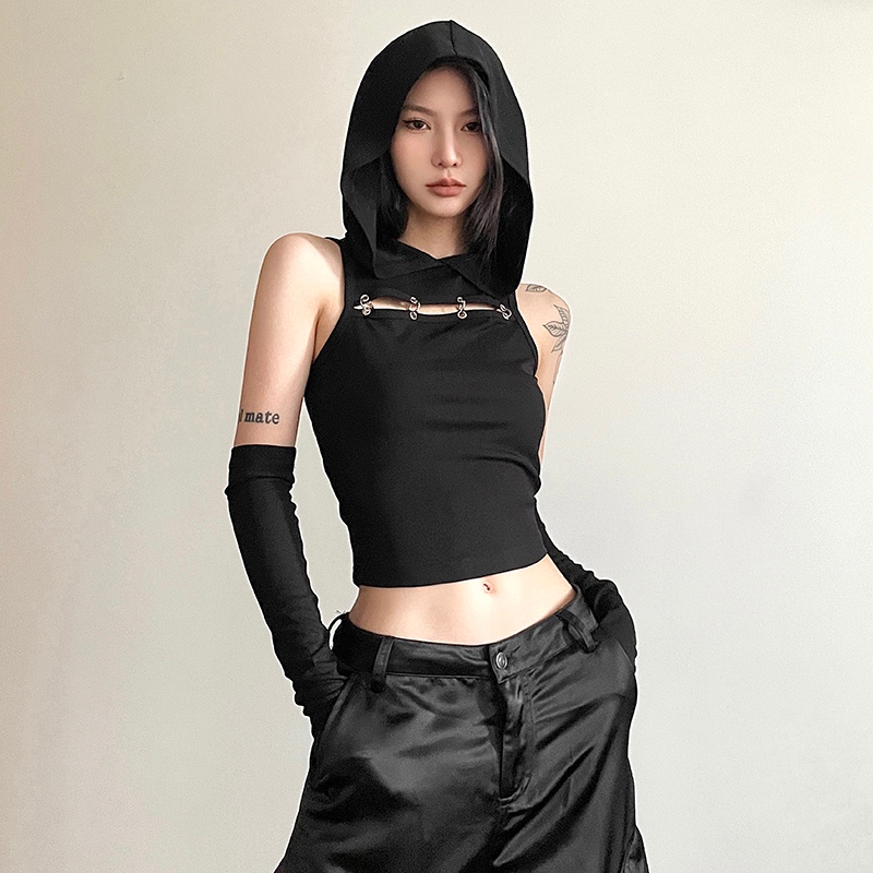 Klalien Y2K Áo Sát Nách Có Mũ Trùm Đầu Phối Khóa Kim Loại Khoét Rỗng Màu Trơn Đơn Giản Thời Trang Cá Tính Cho Nữ