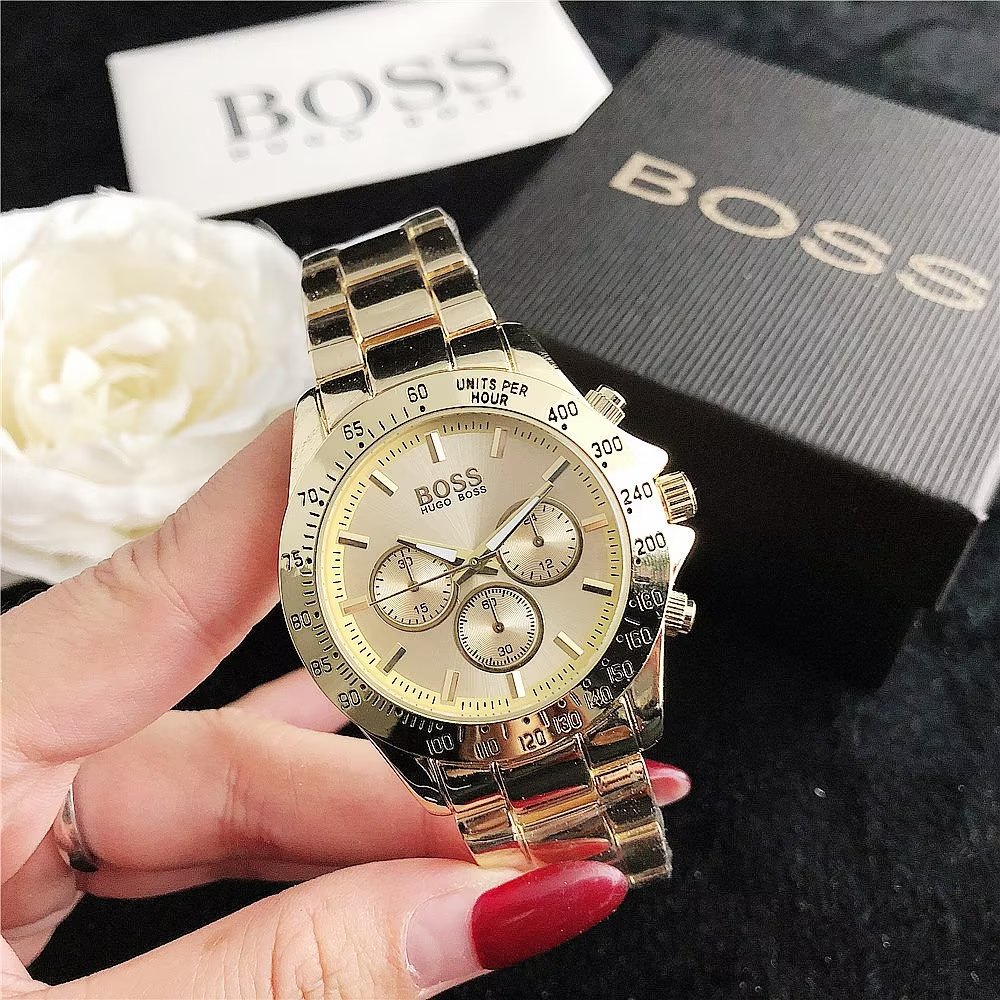 Hugo Boss Đồng Hồ Đeo Tay Mặt Tròn Đính Kim Cương Dây Da Thép Không Gỉ Thời Trang Cho Cặp Đôi