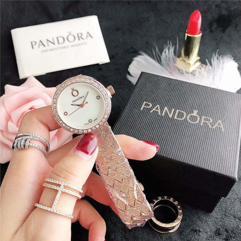 Đồng Hồ Pandora Mặt Tròn Đính Đá Thời Trang Cho Cặp Đôi