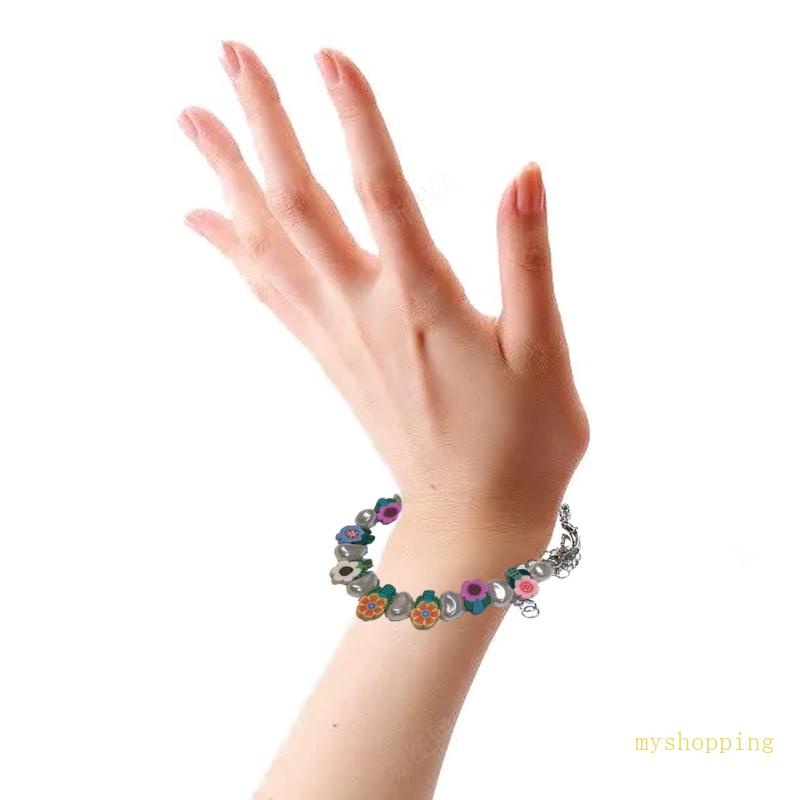 Vòng Đeo Tay Hạt Đất Sét Thủ Công Nhiều Màu Đính Hoa Và Ngọc Trai Cho Nữ