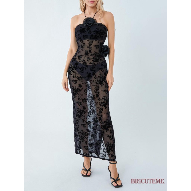 [] -phụ Nữ váy dài đi biển in hoa ren đen 3d flower mesh see-through tie-up halter neck dress không tay