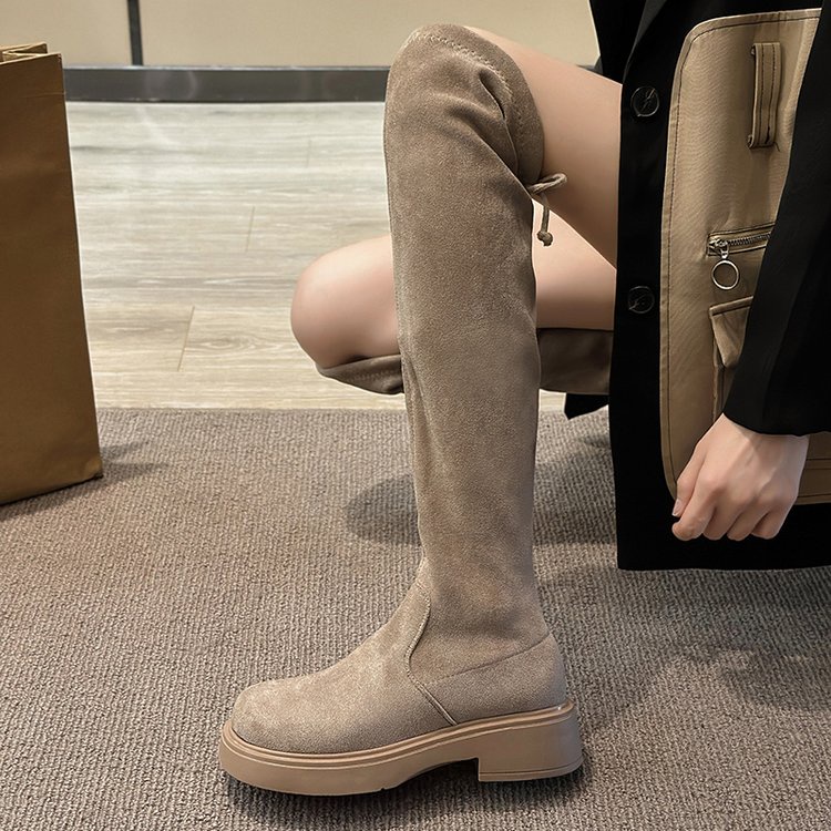 Giày Bốt Da Lộn Gót Dày Mũi Tròn Cột Dây Sau Lưng Chất Liệu Co Giãn Thoáng Khí Thời Trang Mùa Đông Cho