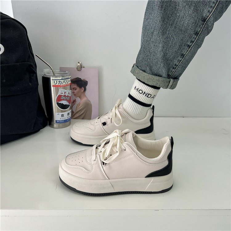 Giày Thể Thao Da PU Đế Bằng Mũi Tròn Thắt Dây Cá Tính