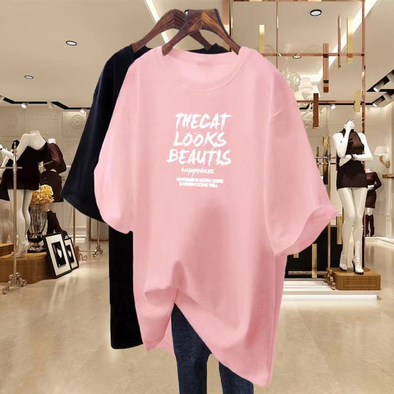 Áo Thun cotton Màu Xanh Lá Huỳnh Quang Tay Lửng Dáng Rộng In Chữ Phong Cách Âu Mỹ Cho Nữ