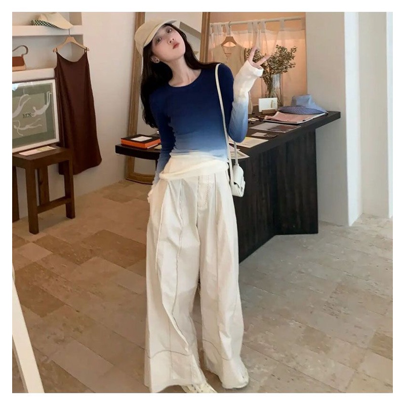 Plus Áo Thun Dài Tay Màu gradient Xanh Thời Trang Mùa Xuân Cho Nữ
