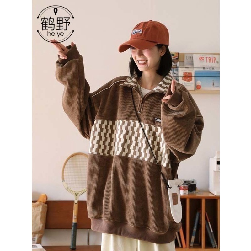 Waffle nửa dây kéo polo cổ áo len nam và nữ áo khoác rộng thùng thình mùa thu