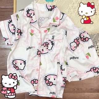  2024 Sanrio Hello Kitty Mùa Hè Bộ Đồ Ngủ Dễ Thương Nữ Y2k Nhật Bản Đồ Ngủ Ngọt Ngào Nữ In Hình Lounge Mặc Quần Áo Nhà Phù Hợp Với  GM  