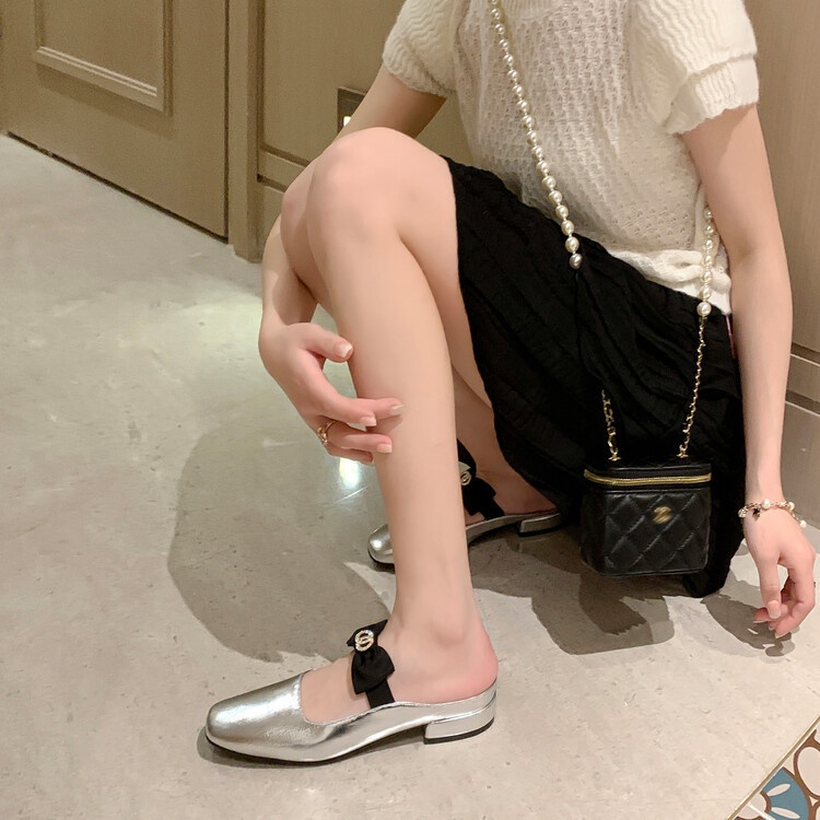 Dép Bít Mũi Đế Dày Đính Nơ Màu Bạc Thời Trang Mùa Hè Cao Cấp Cho Nữ