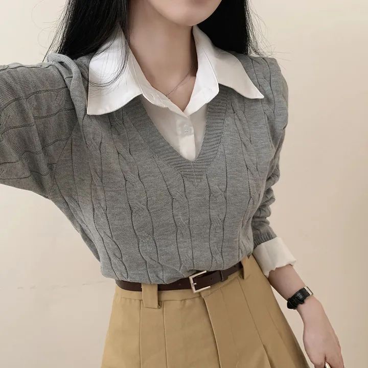 Korean style ins shirt collar stitching fake two-piece knitwear women's new autumn waist short pullover jacket MC clothing FOT9