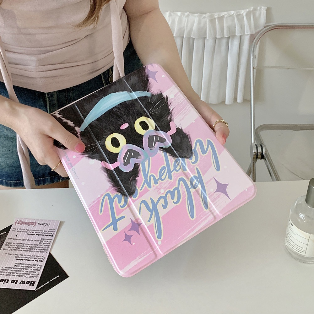 Vỏ cứng acrylic màu đen happy cat pattern case tương thích với ipad mini6 ipad5 6 7 8 9 air air air1 air2 air4 air5 10.9 "pro11 2018 2020 2021 2022 bao da