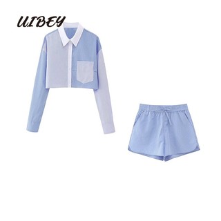 Uibey thời trang ve áo cổ áo ghép sọc + quần short 179