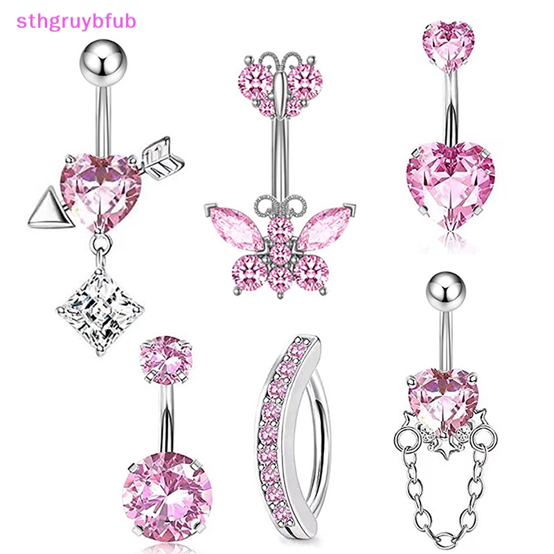 Sthb bướm bằng thép không gỉ vòng nút bụng chất lượng cao màu hồng rhinestone vòng rốn tình yêu cho phụ nữ trang trí cơ thể sexy vn