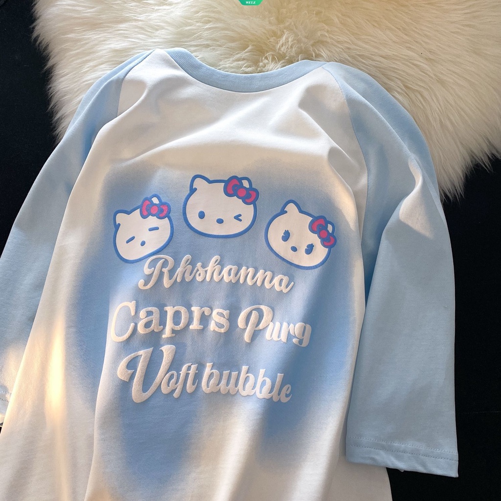 Hello kitty phim hoạt hình dễ thương mèo hồng in áo t-shirt ngắn tay dành cho phụ nữ thiết kế dopamine lỏng lẻo thời trang nước ngoài áo sơ mi nữ thông thường 2023 mùa hè mới