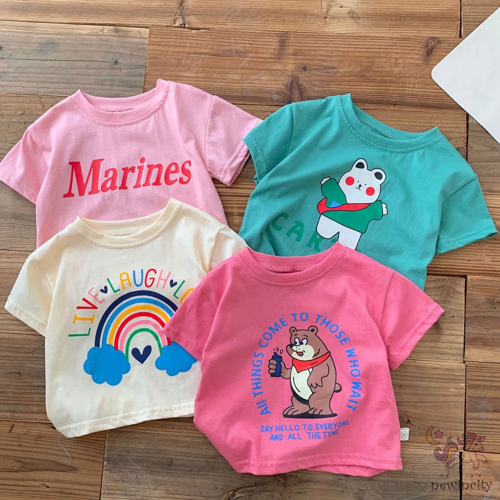Trẻ em hàn quốc cô gái phim hoạt hình cầu vồng in áo t-shirt ngắn tay