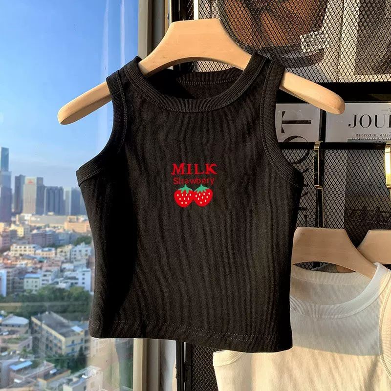 Áo Thun Cotton Không Tay Màu Trơn In Họa Tiết Hoạt Hình Phong Cách Hàn Quốc Dành Cho Bé Gái