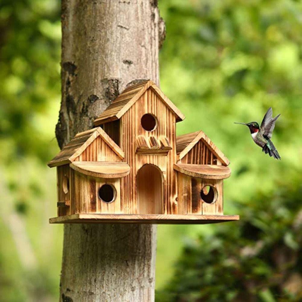 Jeromy treo cây nhà chim, nhà chim bằng gỗ tự nhiên bằng gỗ, trạm nghỉ ngơi cho chim làm bằng tay 6-lỗ lồng chim sân trong