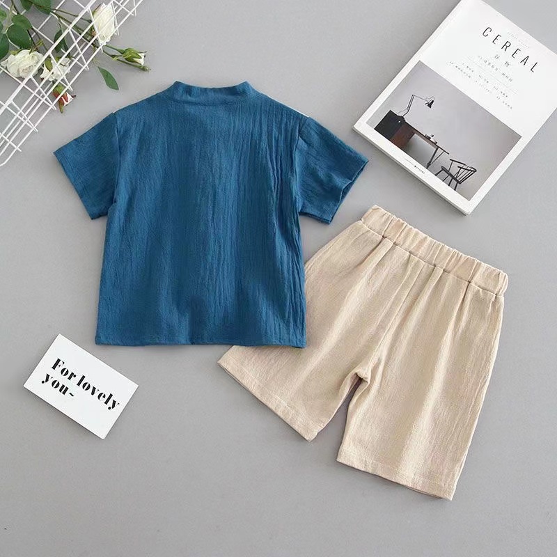 Cny baby phong cách trung quốc tangsuit set năm mới bé trai bé gái thoáng khí hanfu trẻ em thường ngắn tay tangsuit