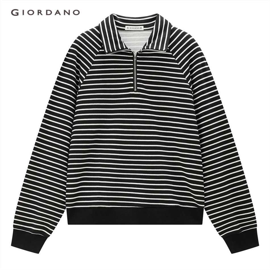 GIORDANO WOMEN Raglan sleeve half-zip stripe loose sweatshirt 18323009
