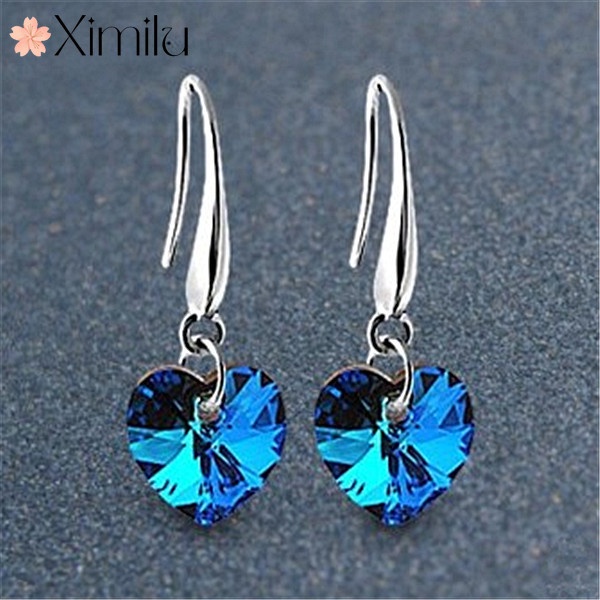 ⭐ Nguyên bản của phụ nữ dài đại dương trái tim màu xanh pha lê móc tai tính khí bông tai bạc trang sức moissanite