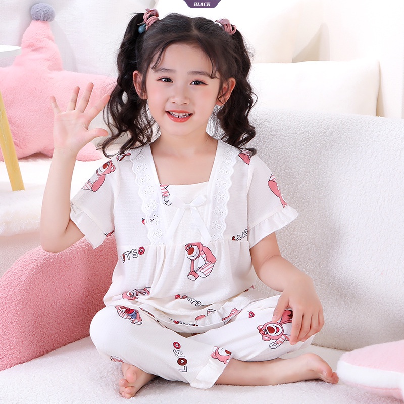 Lotso disney mô hình dễ thương cô gái đồ ngủ bộ đồ ngủ tay ngắn hoa dâu in 2 mảnh bộ đồ ngủ ren trẻ em [bl]