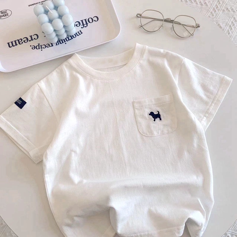 Thích hợp cho t-shirt ngắn tay cho bé trai 5-22kg, mùa hè mới dành cho trẻ em bằng vải cotton tinh khiết đa năng màu trắng nửa tay trên, baby loose casual t-shirt