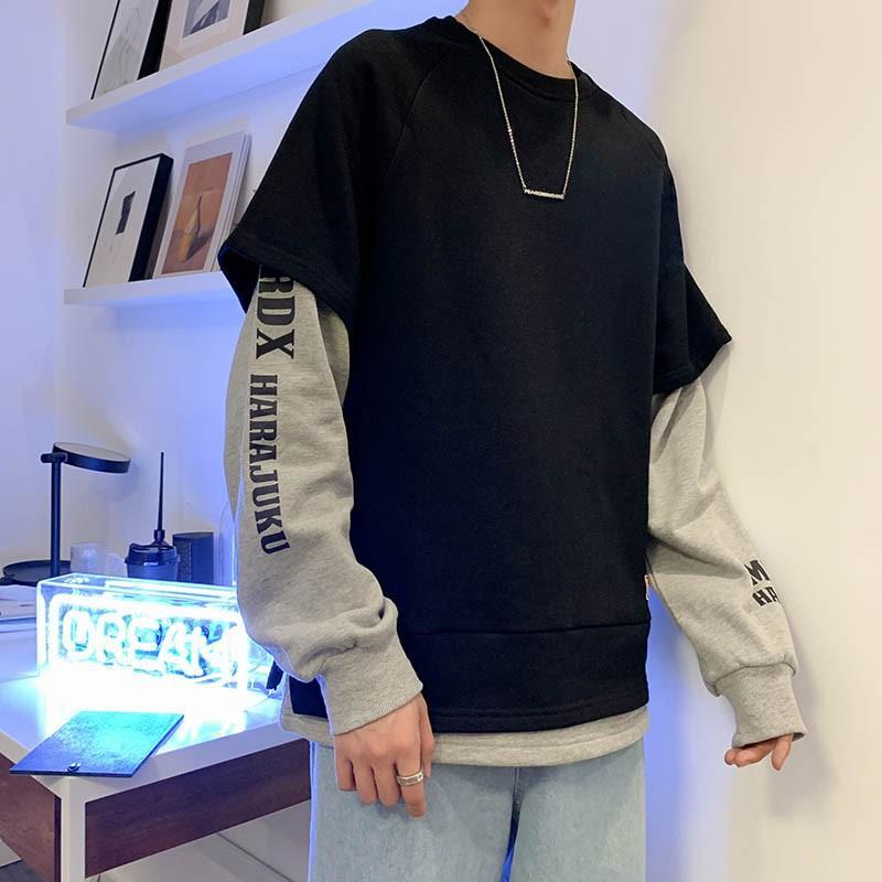 Bán Chạy✨Fake two-piece áo len cổ tròn nam hợp thời trang đẹp trai lỏng lẻo mùa thu đông phong cách mới trong âu mỹ hip-ho
