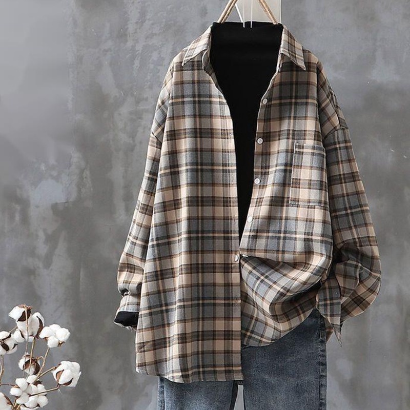 Retro long-tay áo sơ mi thời trang giản dị áo sơ mi rời ve áo all-match top