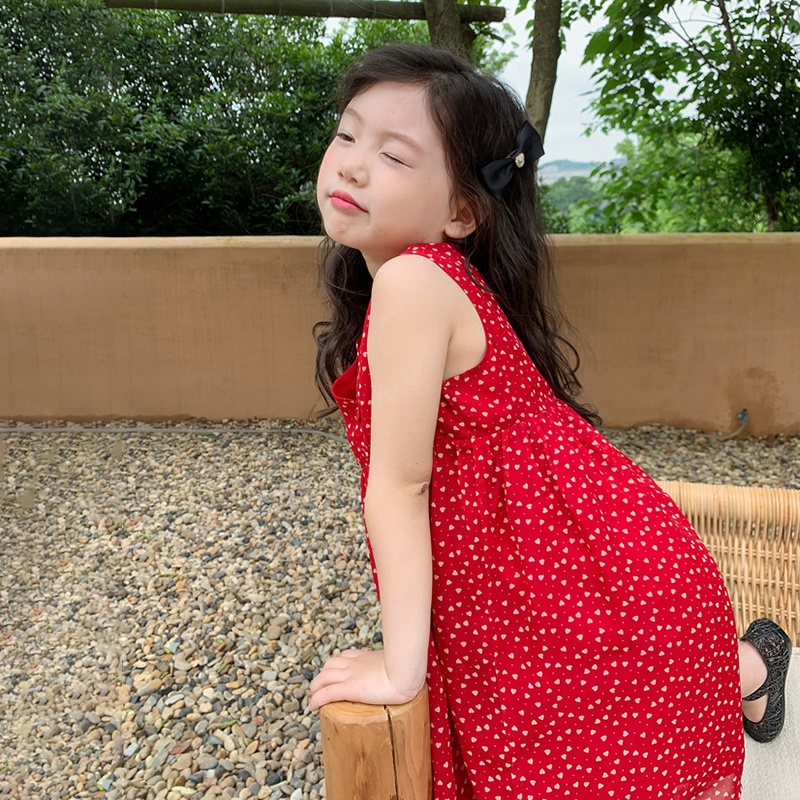 Váy bé gái phiên bản hàn quốc mùa hè v-cổ không tay váy vest chấm bi