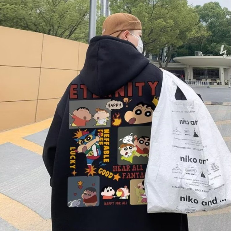 Áo hoodie dáng rộng lót cotton 100% hai lớp có mũ trùm thời trang cho unisex Cartoon Crayon Xiaoxin Velvet Áo len