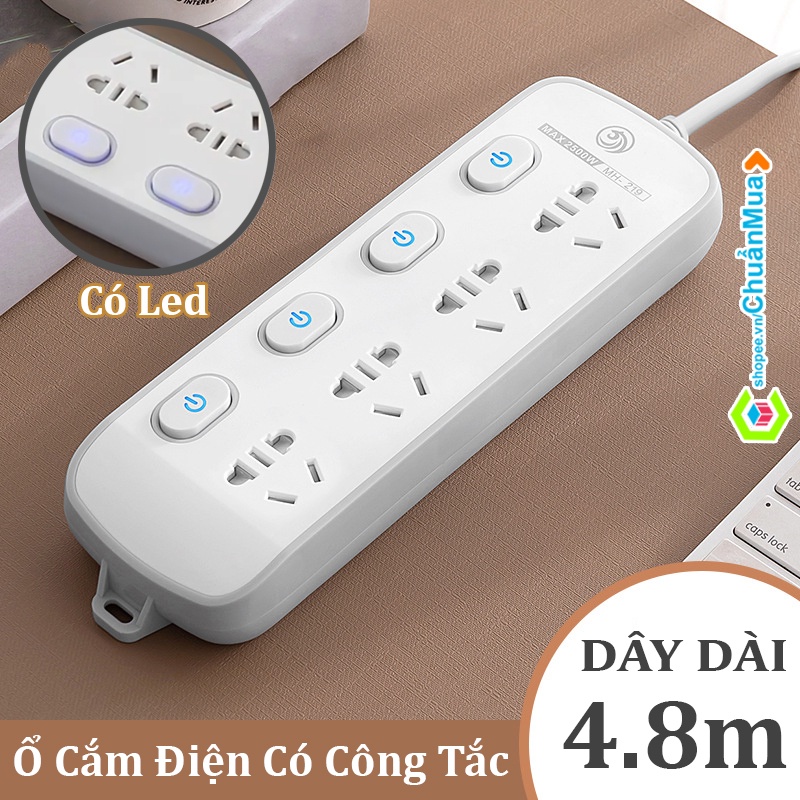 Ổ Cắm Điện Đa Năng Có Đèn Led Công Tắc Điện, Dài 0.8 - 4.8m