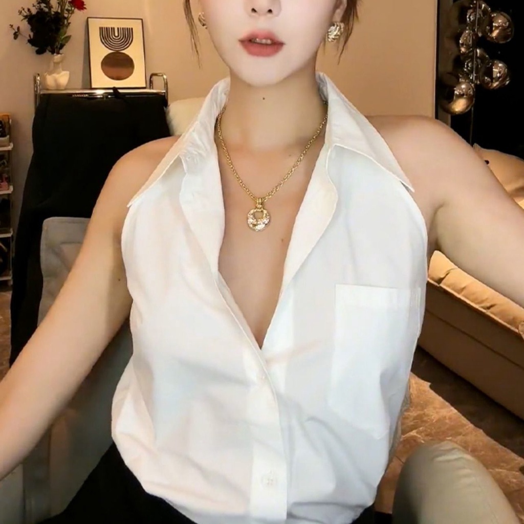 Turndown collar không tay có nút áo sơ mi nữ thường áo sơ mi đơn ngực thời trang áo sơ mi xuân hè