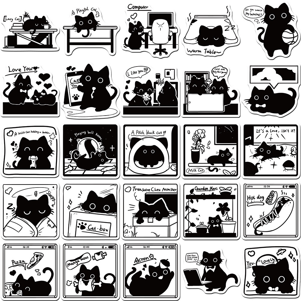50 cái dễ thương mèo đen nhỏ cuộc sống phim hoạt hình graffiti dán trang trí cho mũ bảo hiểm xe đạp tài khoản tay bút chì trường hợp đề can lanlanstickersworld