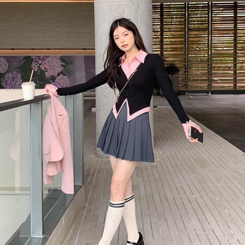 Milyfashion 2023 mùa xuân phong cách mới ngọt ngào phong cách cay ngọt ngào đường khâu không đều đặn áo sơ mi hai mảnh giả eo cao trông thon thả hơn