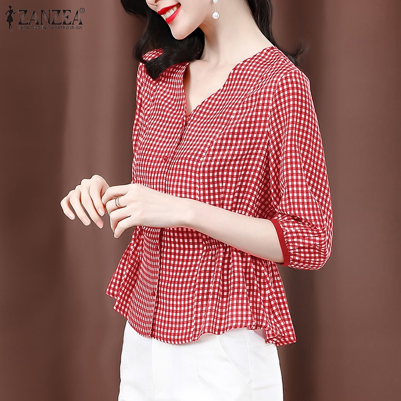 Áo sơ mi ZANZEA tay lửng cổ chữ V họa tiết ca rô thời trang dành cho nữ