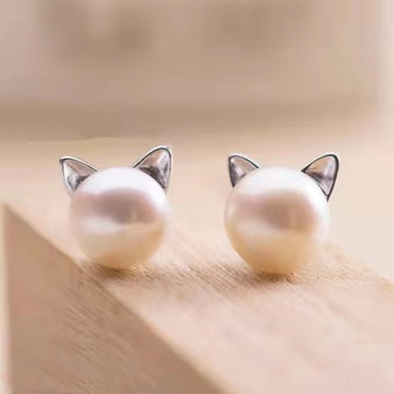 Bông Tai Ngọc Trai Hình Tai Mèo Dễ Thương Phong Cách Hàn Quốc