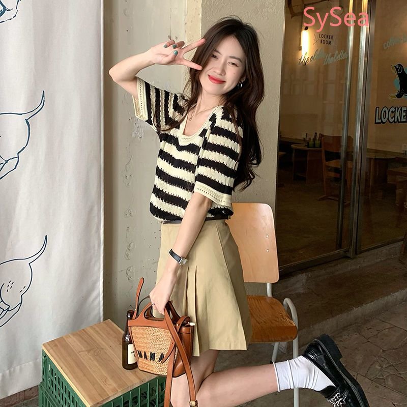 Áo Dệt Kim Dáng Rộng Kẻ Sọc Kiểu Retro Thời Trang Mùa Hè Cho Nữ