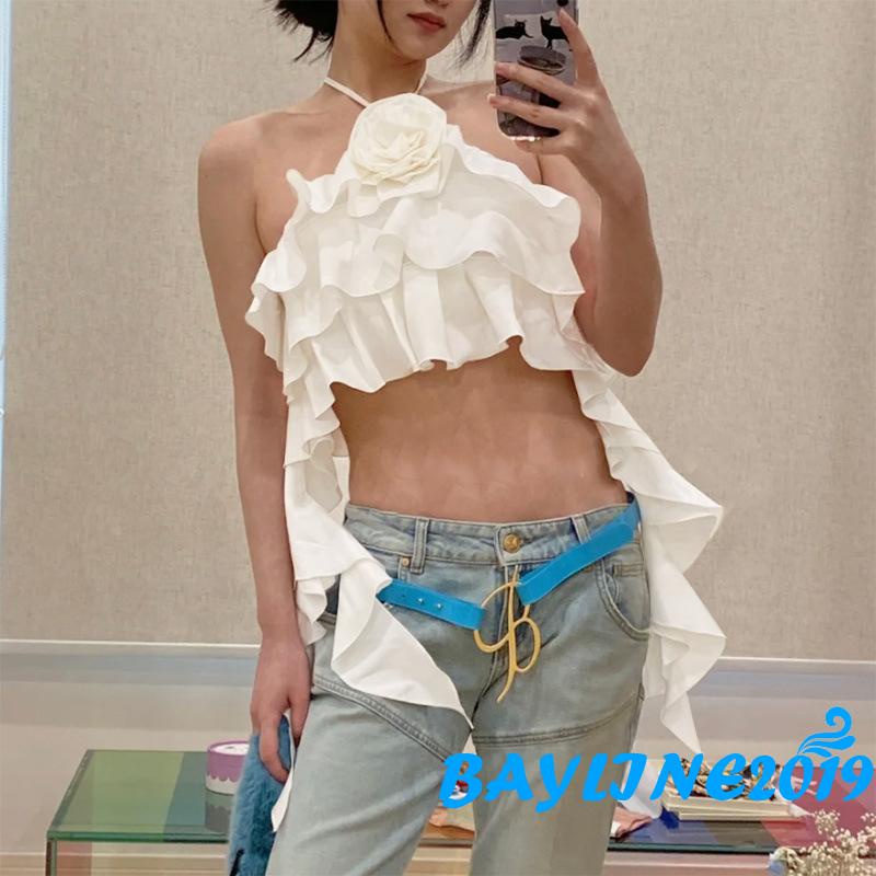 Áo Croptop Hai Dây Hở Lưng 3D Màu Hoa Hồng Dành Cho Nữ