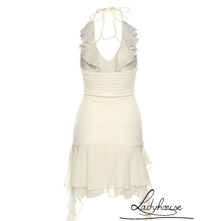 Đầm Hai Dây Mùa Hè Viền Bèo Nhún Màu Trơn Buộc Dây Hở Lưng Gợi Cảm Cho Nữ