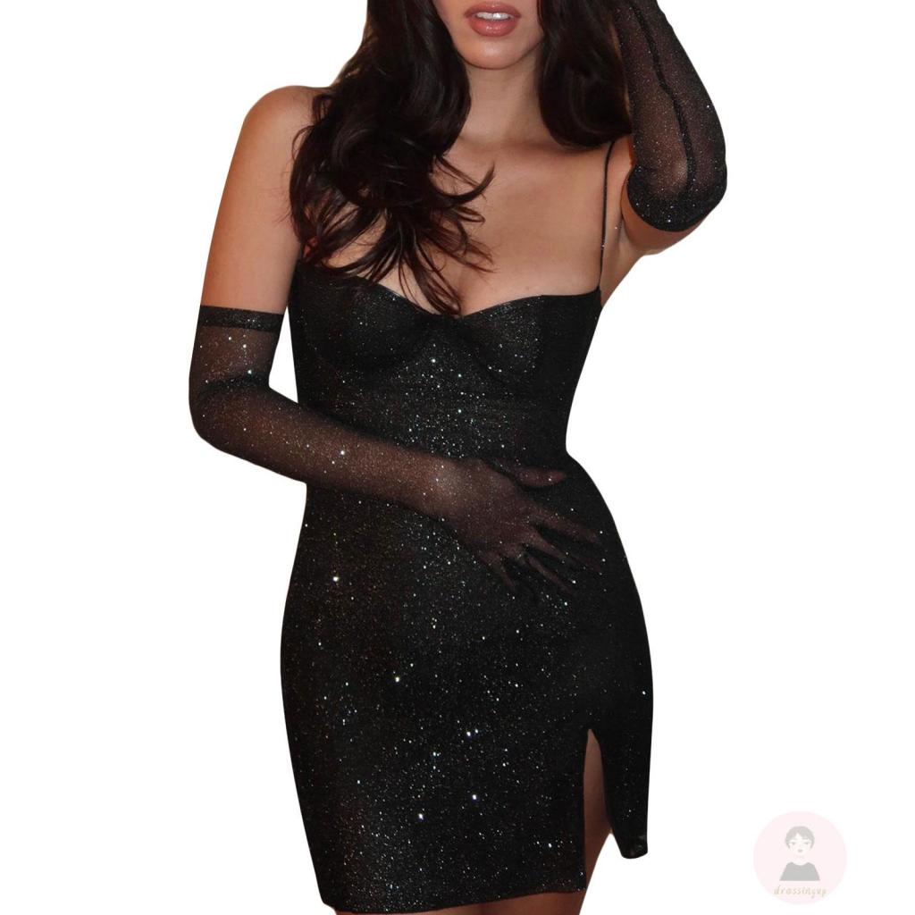 Đầm Hai Dây Cổ Khoét Sâu Đính Kim Sa Lấp Lánh Thời Trang Cho Nữ