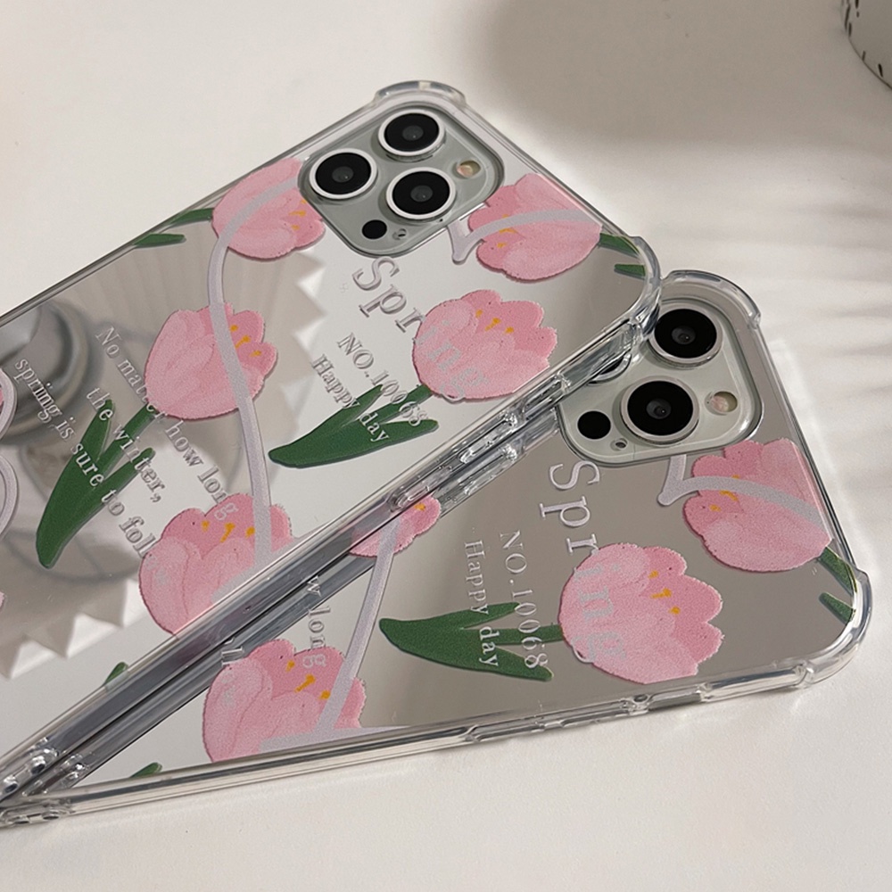 Ốp Điện Thoại TPU Dẻo Gắn Gương Trang Điểm In Hình Hoa Tulip Cho IPhone 13 12 11 Pro Max XS XR 8 7 Plus