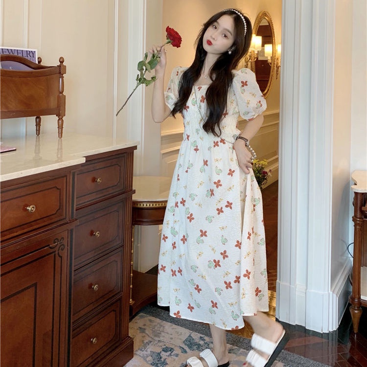 Đầm Cổ Vuông Tay Phồng In Họa Tiết Phong Cách Hàn Quốc Thời Trang Mùa Hè Xinh Xắn Cho Nữ