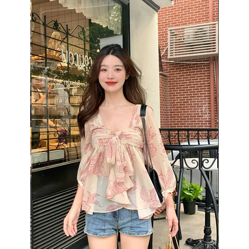 [Hàng Có Sẵn] Áo Kiểu In Hoa Phối Ren Màu Hồng Buộc Dây Eo Phong Cách Hàn Quốc Cho Nữ