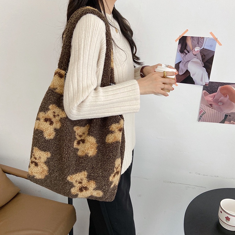 Fancy Túi Tote Đeo Vai Bằng Vải Bông Mềm Mại Sức Chứa Lớn Hình Gấu Dễ Thương Giữ Ấm Cho Nữ