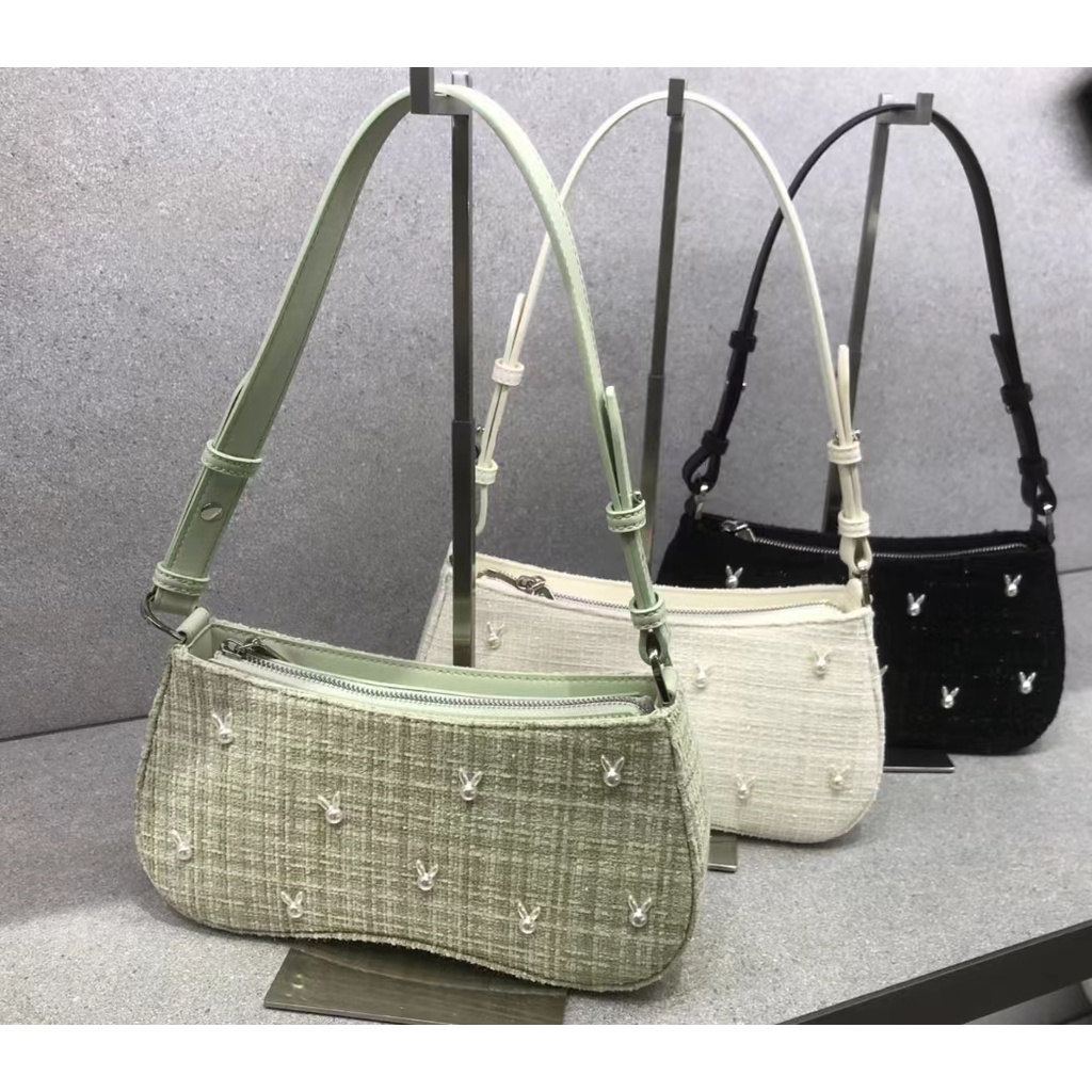 Cnk Túi đeo dưới cánh tay / Đeo Một Cánh Tay / Đeo Một Bên Vai Bằng Vải Tuýt Có Mùi Thơm Đính Ngọc Trai Hình Tai Thỏ Nhỏ
