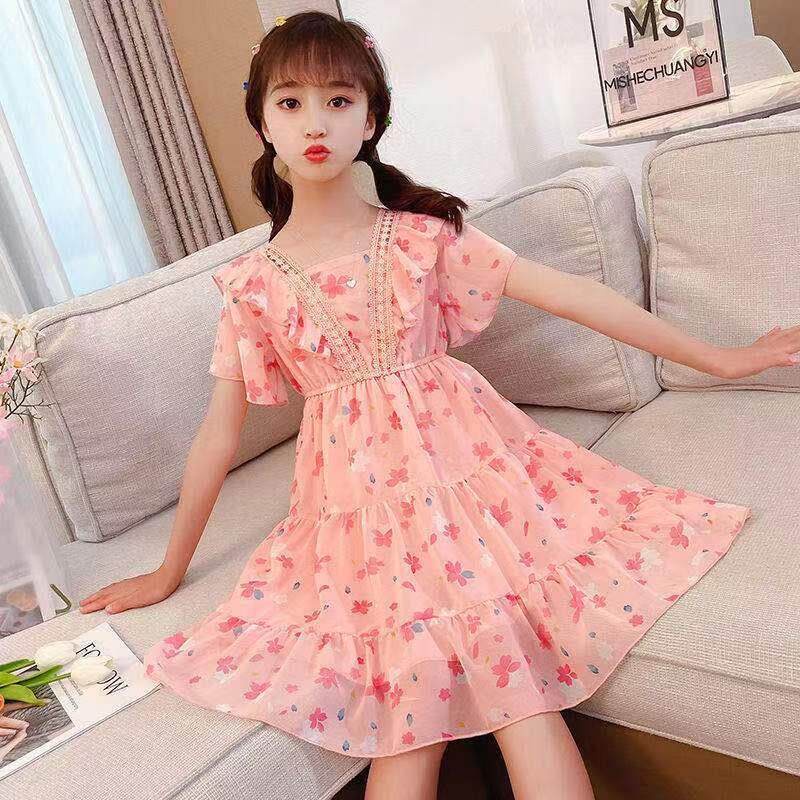 Đầm Voan Hoa Lưng Cao Thời Trang Xinh Xắn Dành Cho Bé Gái 3-14 Tuổi 110-160cm