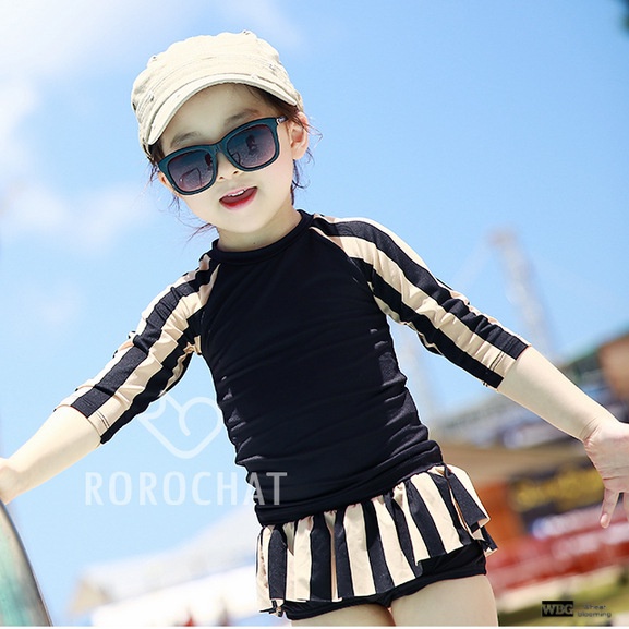 Đồ Bơi Tay Dài Chống Nắng Họa Tiết Kẻ Sọc Phong Cách Hàn Quốc Mới Cho Bé Gái