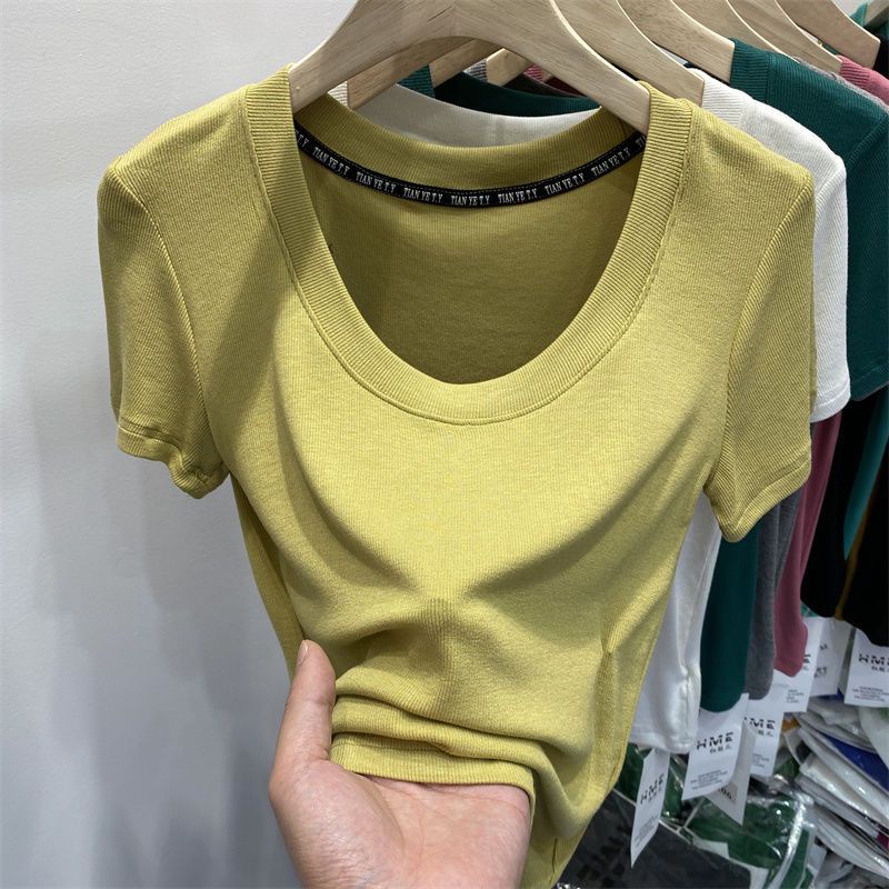 Áo Thun Nữ Ngắn Tay Cổ Tròn Màu Trơn Thời Trang