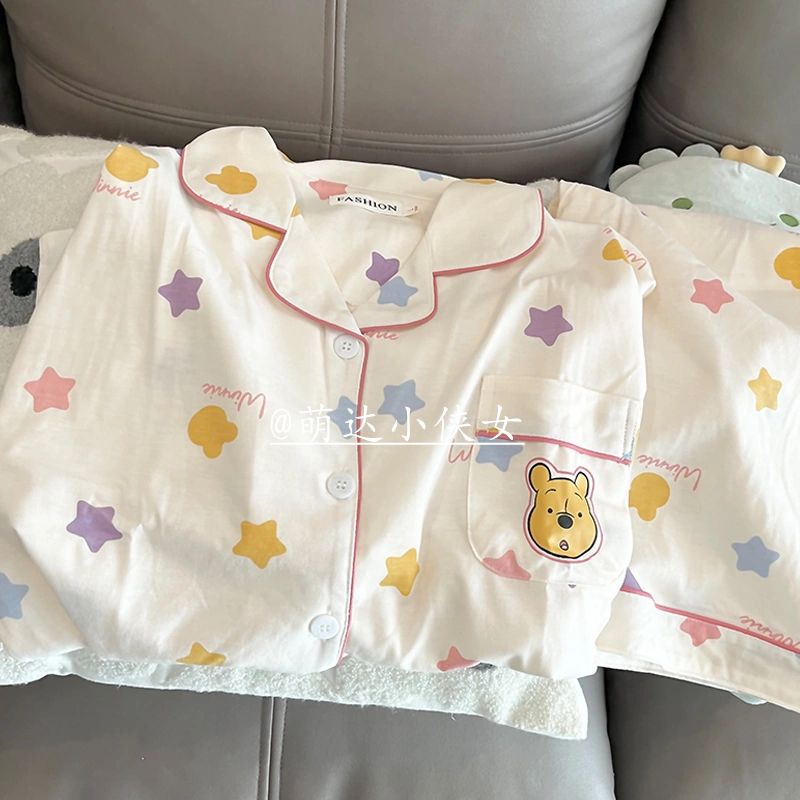 Bộ đồ ngủ FDS gồm áo ngắn tay và quần short họa tiết gấu Winnie ngôi sao hoạt hình đáng yêu thời trang mùa hè