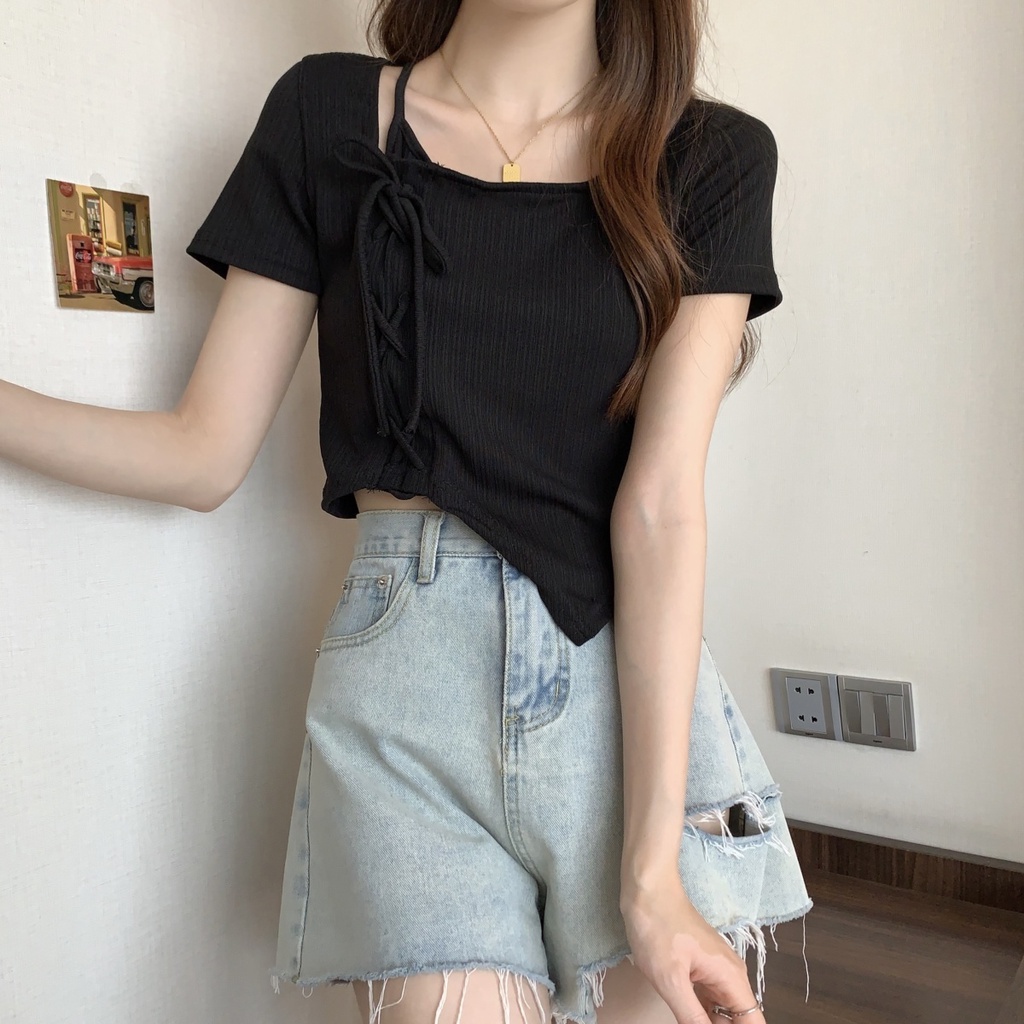 Áo Thun Ngắn Tay Phối Dây Rút Thời Trang Mùa Hè Dành Cho Nữ